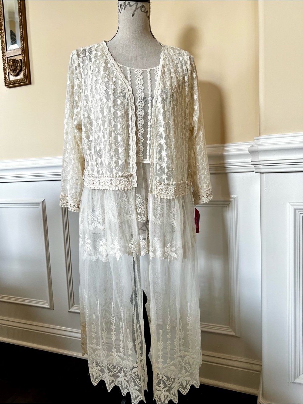 Ivory, Crocheted Lace Boho-Romantic Sheer Duster/Cardigan & Tank Top.